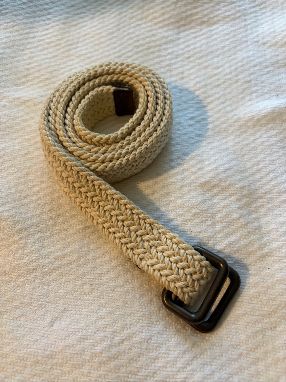 J.CREW-Cream Woven D Ring Belt/Brown Leather Trim Classic Preppy Sz L/XL New